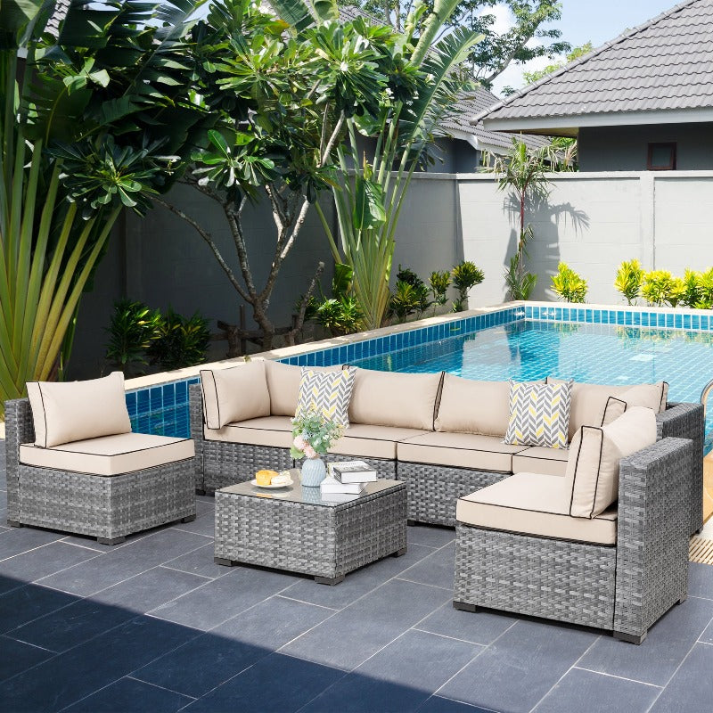 Walsunny Patio Furniture 7 Pieces Outdoor Sectional Sofa Set, Silver Wicker#color_khaki