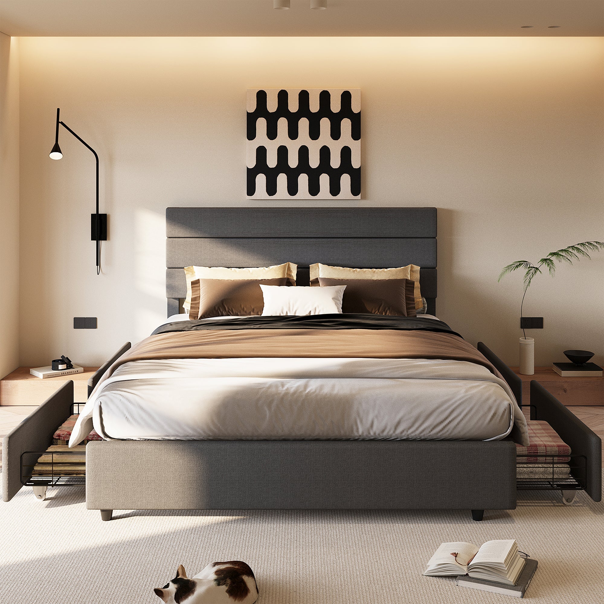 Walsunny Bed Frame with 4 Storage Drawee, Platform Bed with Upholstered Modern Geometric Lines Headboard, Solid Wood Slats Support (7504162390192)