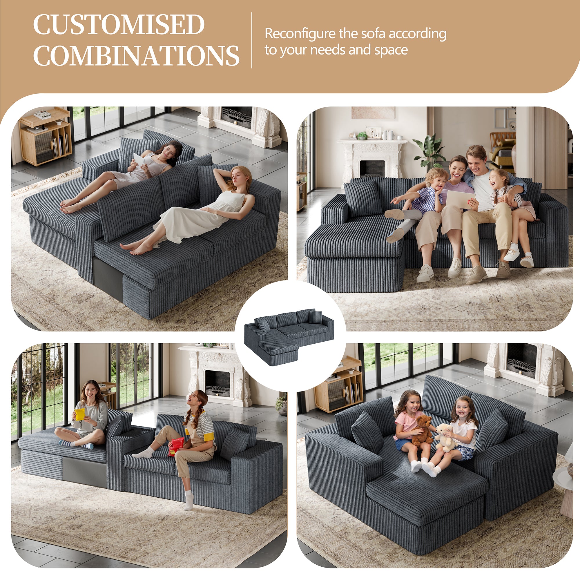 Vongrasig 105" Boneless Couches for Living Room, Sectional Couches Modular Sofa with L-Shaped Chaise, Memory Foam Comfy Cloud Couch with Plush Corduroy Fabric, No Assembly Required, Black