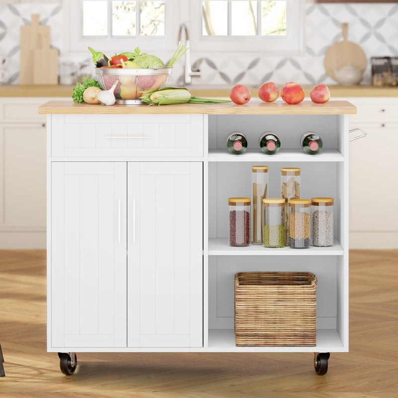 Walsunny 42¡®¡¯ Kitchen Island Cart Storage with Solid Wood Top#color_white
