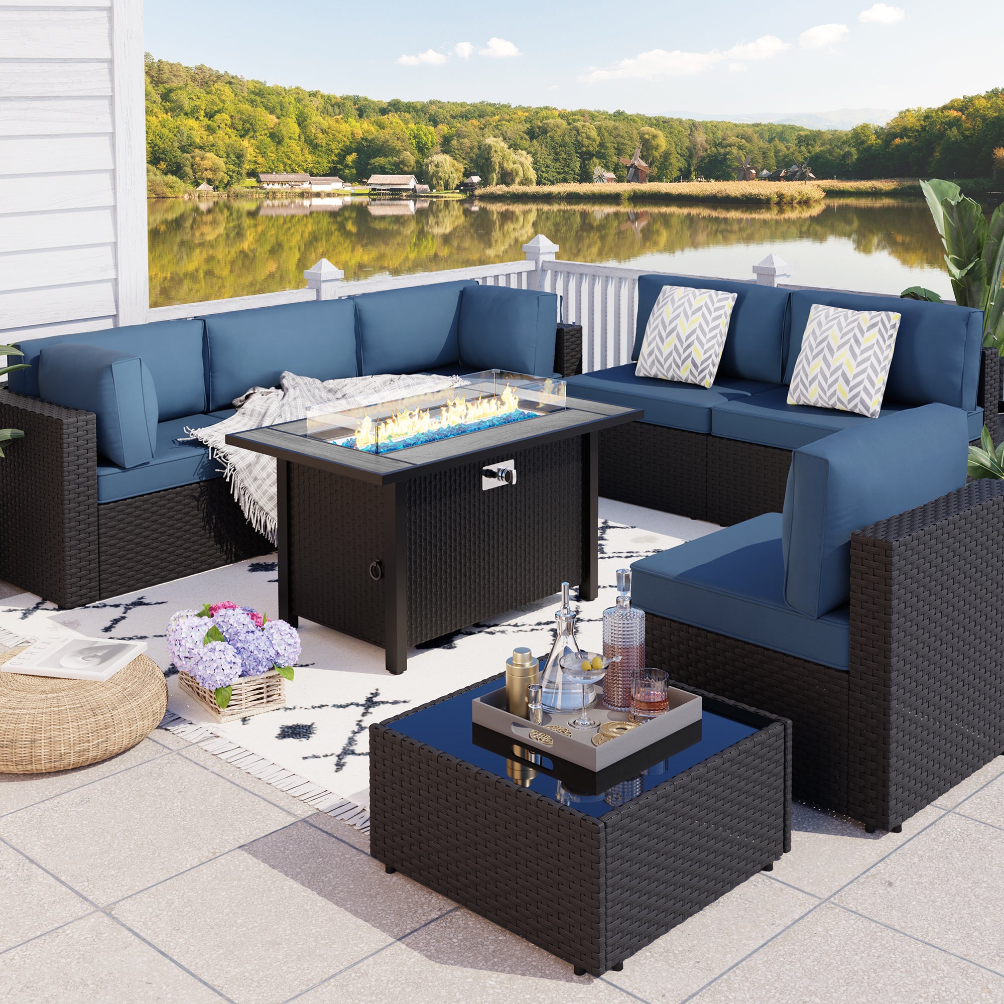 8-Piece Outdoor Patio Seating Group with Fire Pit Table
