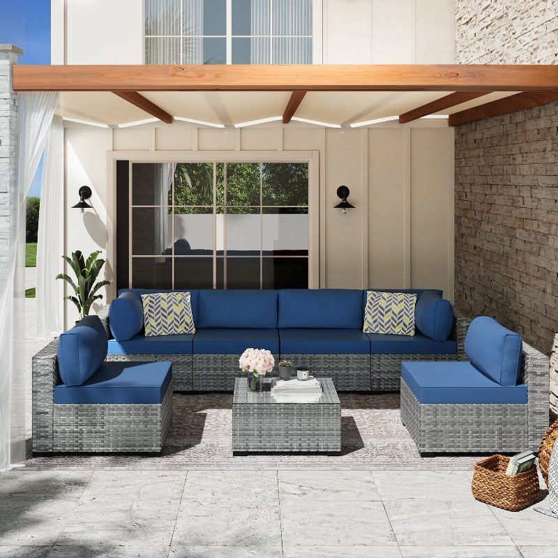 Walsunny Patio Furniture 7 Pieces Outdoor Sectional Sofa Set, Silver Wicker#color_aegean-blue