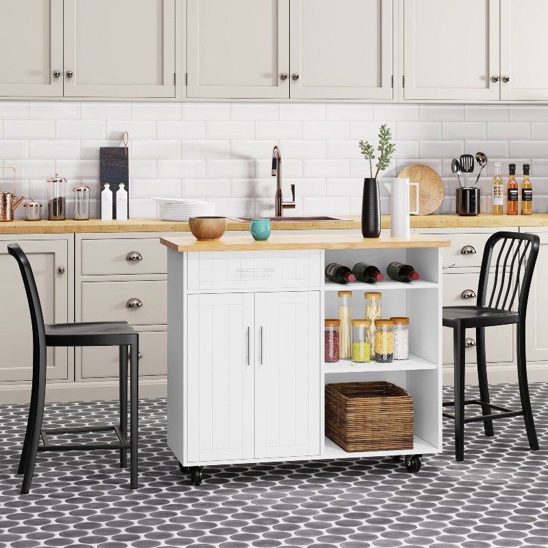 Walsunny 42¡®¡¯ Kitchen Island Cart Storage with Solid Wood Top#color_white