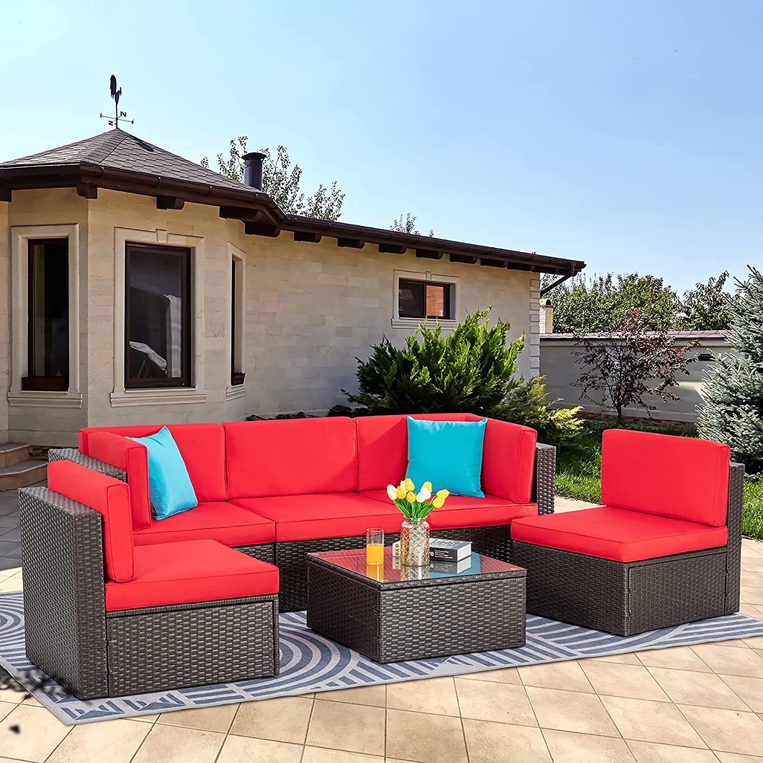 Walsunny Patio Furniture 6 Pieces PE Wicker Outdoor Sectional Sofa Set