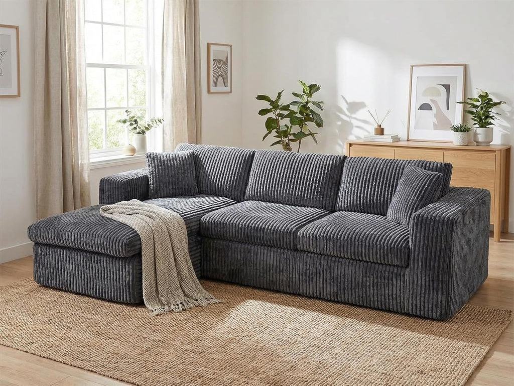 Vongrasig 105" Boneless Couches for Living Room, Sectional Couches Modular Sofa with L-Shaped Chaise, Memory Foam Comfy Cloud Couch with Plush Corduroy Fabric, No Assembly Required, Black