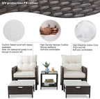 Walsunny 5 Piece Outdoor Recliner Conversation Set With Beige Cushions, Wicker PE Rattan