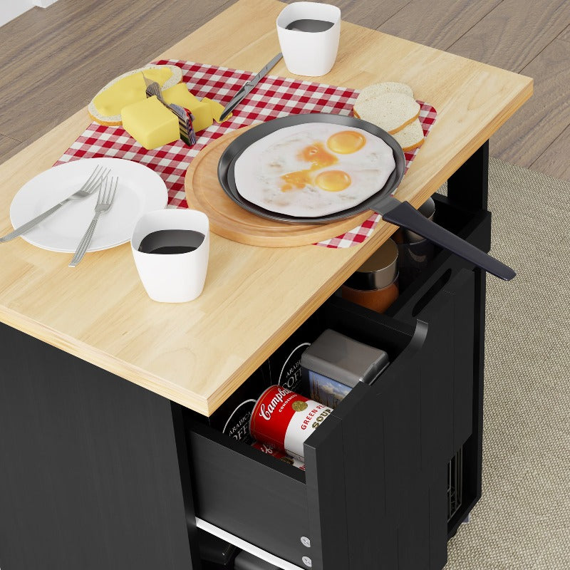 Walsunny 26.57¡®¡¯ Rolling Kitchen Island Storage & Bar Cart with Solid Wood Top#color_black (7278481932464)