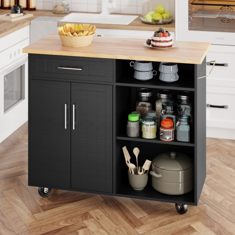 Walsunny 42¡®¡¯ Kitchen Island Cart Storage with Solid Wood Top#color_black 