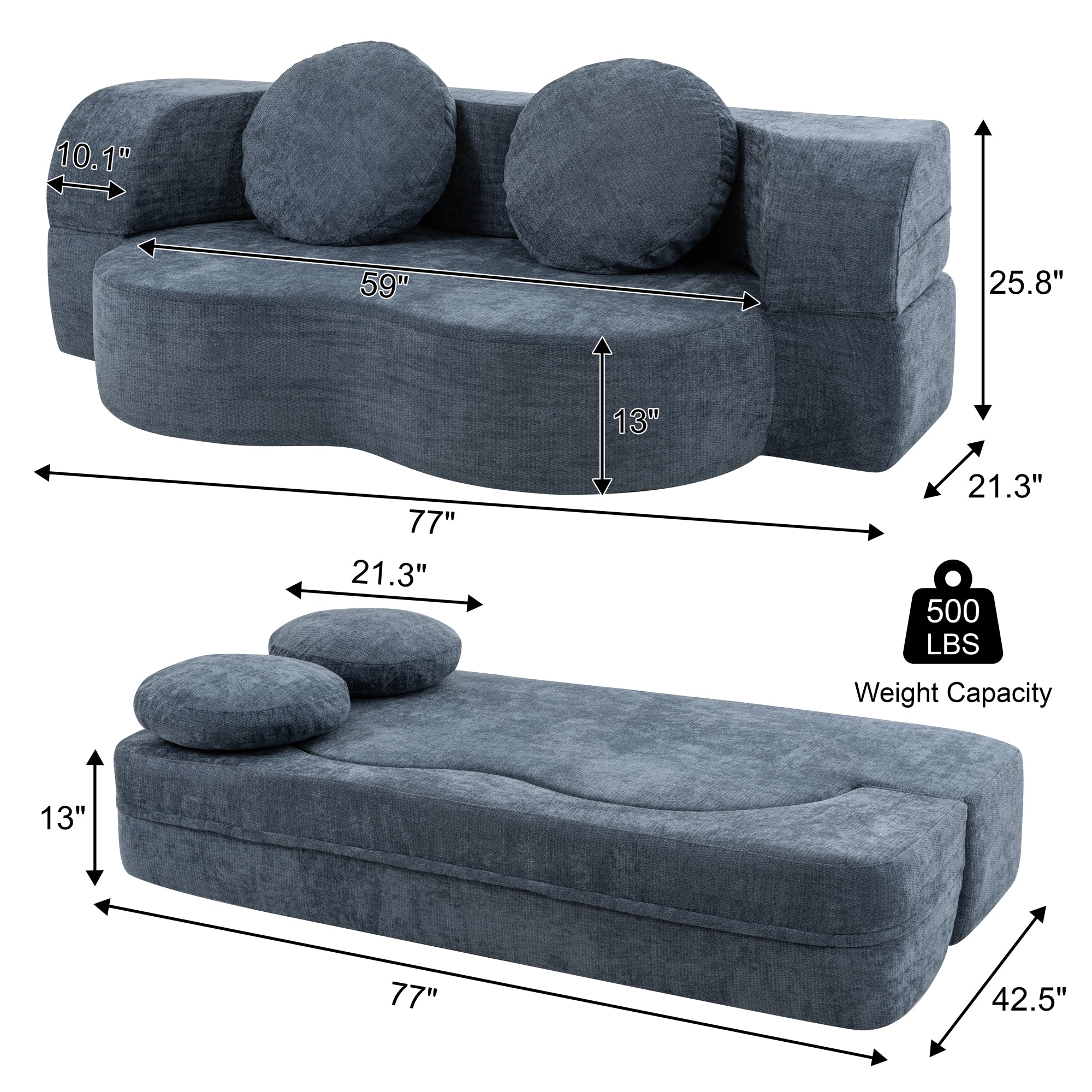 Vongrasig 77” Convertible Sofa Bed, Folding Boneless Couch, Floor Sofa 2-in-1 Curved Couch for Small Living Room, Apartment, Guest Room,
