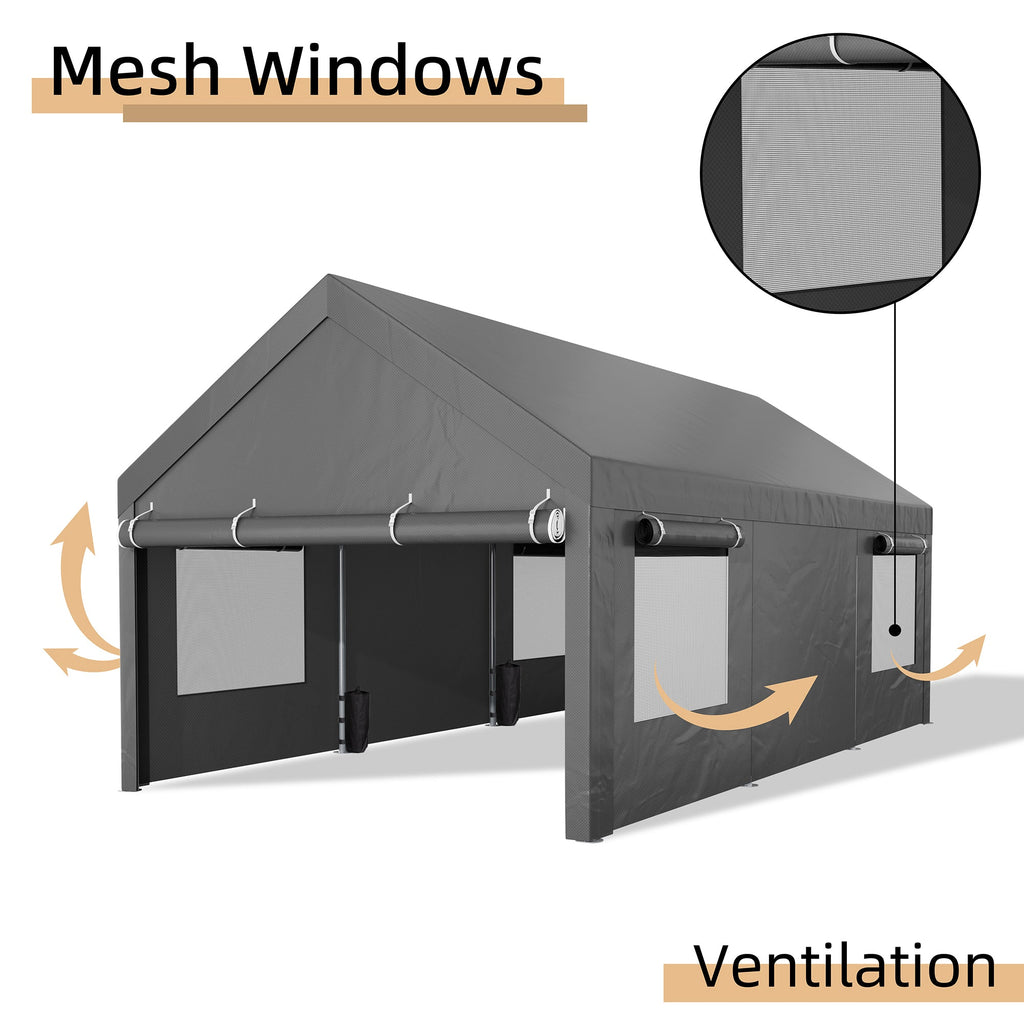 Walsunny Carport, 10x20 ft Heavy Duty Carport Canopy with Roll-up Windows, Portable Garage for Car, Truck, Boat (7404387926192)