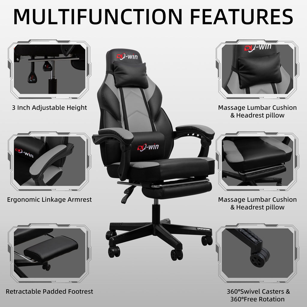 Gaming Chairs  Walsunny Gaming Chairs with Footrest, Massage Leather Game Chair for Adults Big and Tall Gamer Chair with Headrest and Lumbar Support with Ergonomic PU Leather  #color_grey