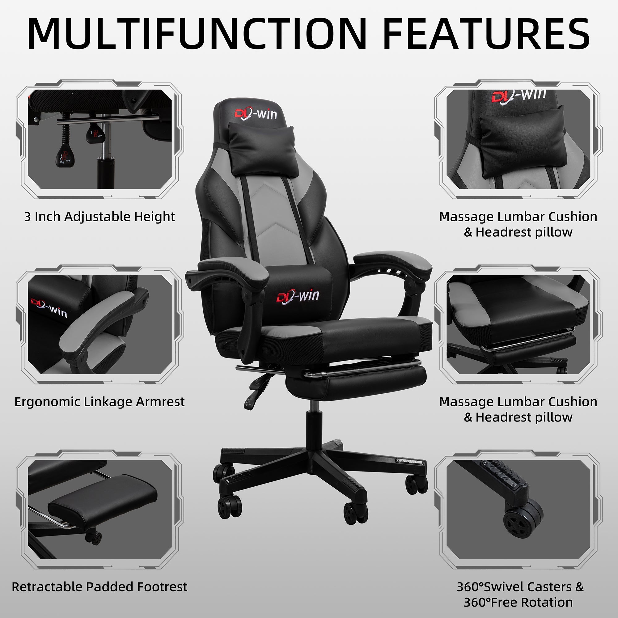 Gaming Chairs  Walsunny Gaming Chairs with Footrest, Massage Leather Game Chair for Adults Big and Tall Gamer Chair with Headrest and Lumbar Support with Ergonomic PU Leather  #color_grey
