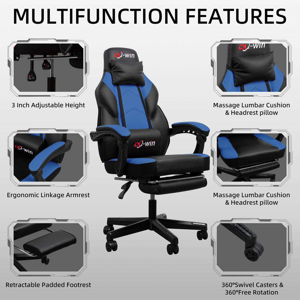 Gaming Chairs  Walsunny Gaming Chairs with Footrest, Massage Leather Game Chair for Adults Big and Tall Gamer Chair with Headrest and Lumbar Support with Ergonomic PU Leather  #color_blue