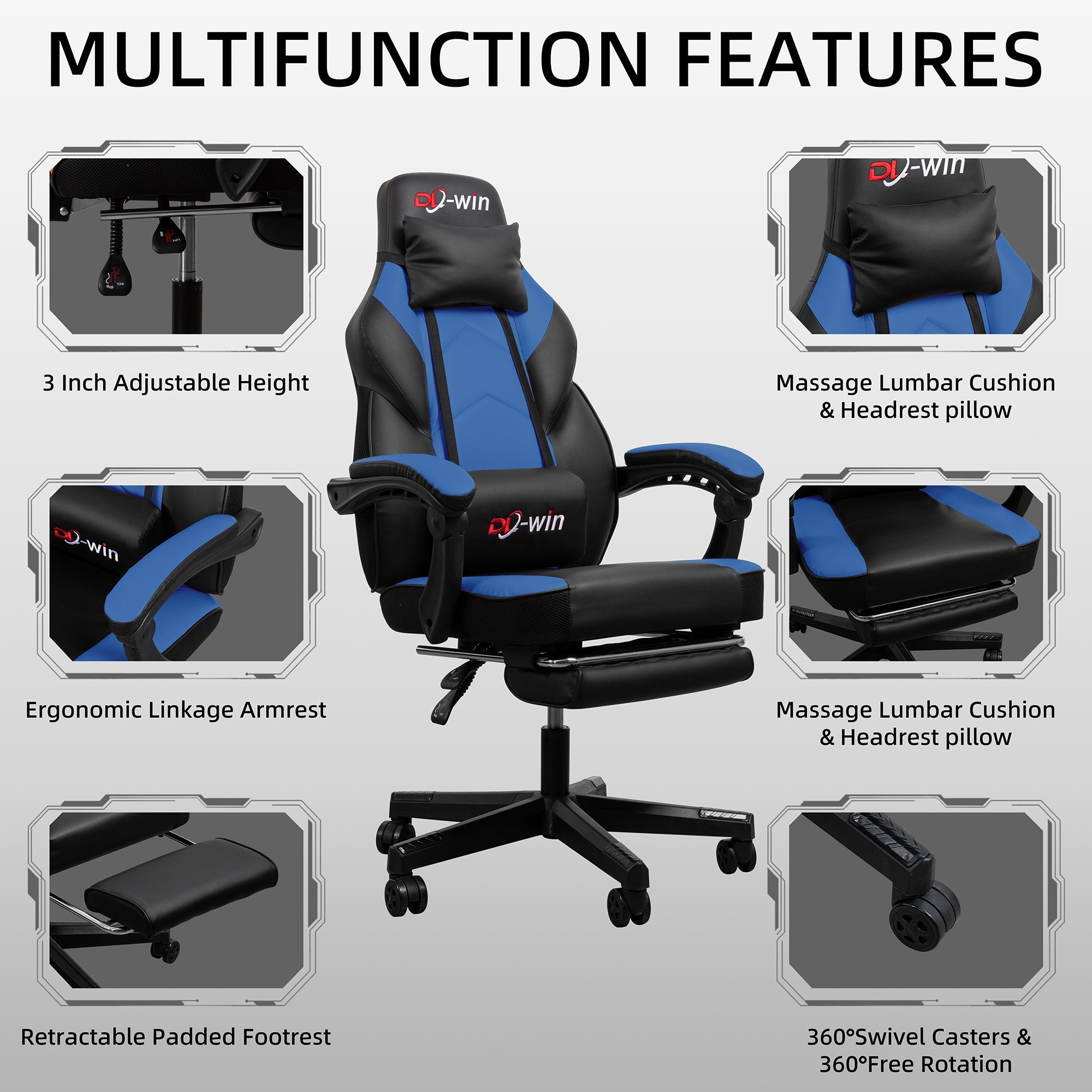 Gaming Chairs  Walsunny Gaming Chairs with Footrest, Massage Leather Game Chair for Adults Big and Tall Gamer Chair with Headrest and Lumbar Support with Ergonomic PU Leather  #color_blue