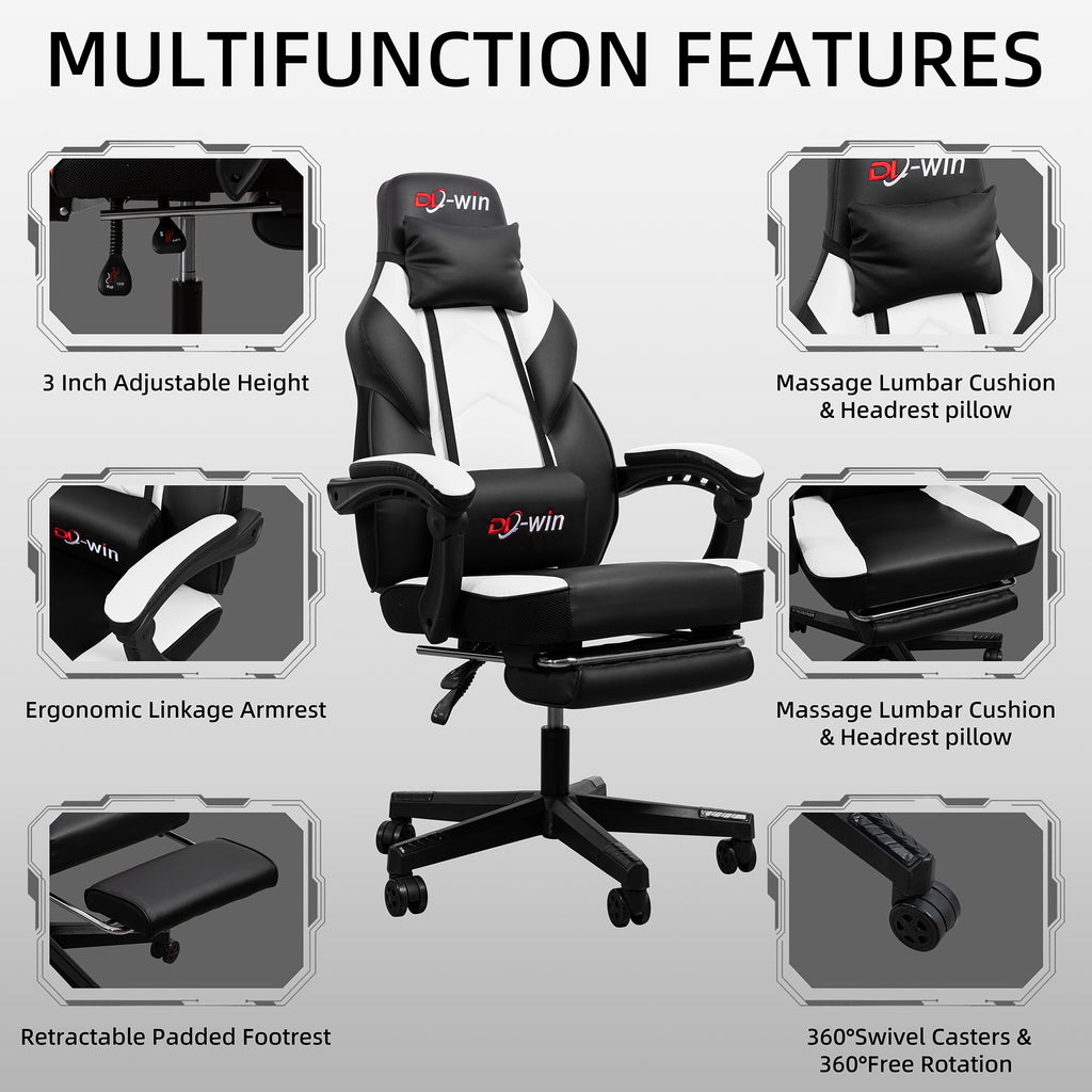 Gaming Chairs  Walsunny Gaming Chairs with Footrest, Massage Leather Game Chair for Adults Big and Tall Gamer Chair with Headrest and Lumbar Support with Ergonomic PU Leather   #color_white