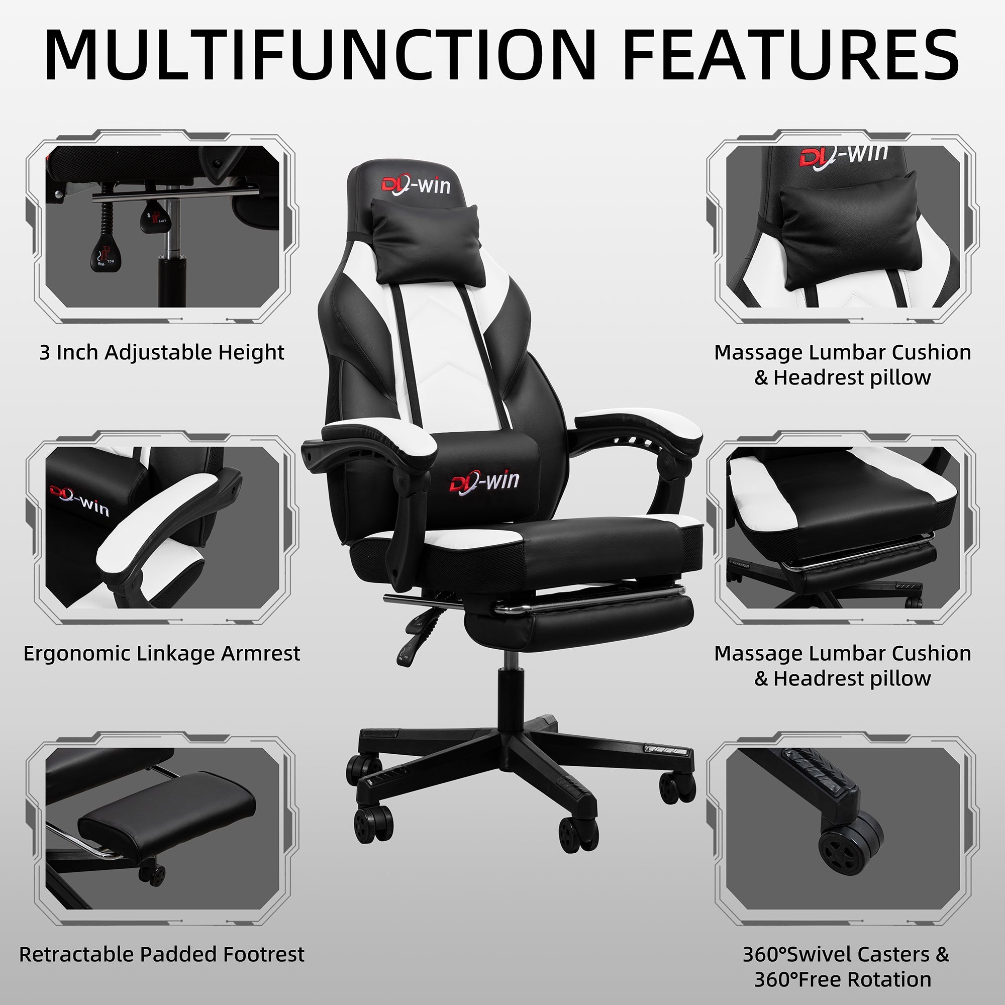 Gaming Chairs  Walsunny Gaming Chairs with Footrest, Massage Leather Game Chair for Adults Big and Tall Gamer Chair with Headrest and Lumbar Support with Ergonomic PU Leather   #color_white