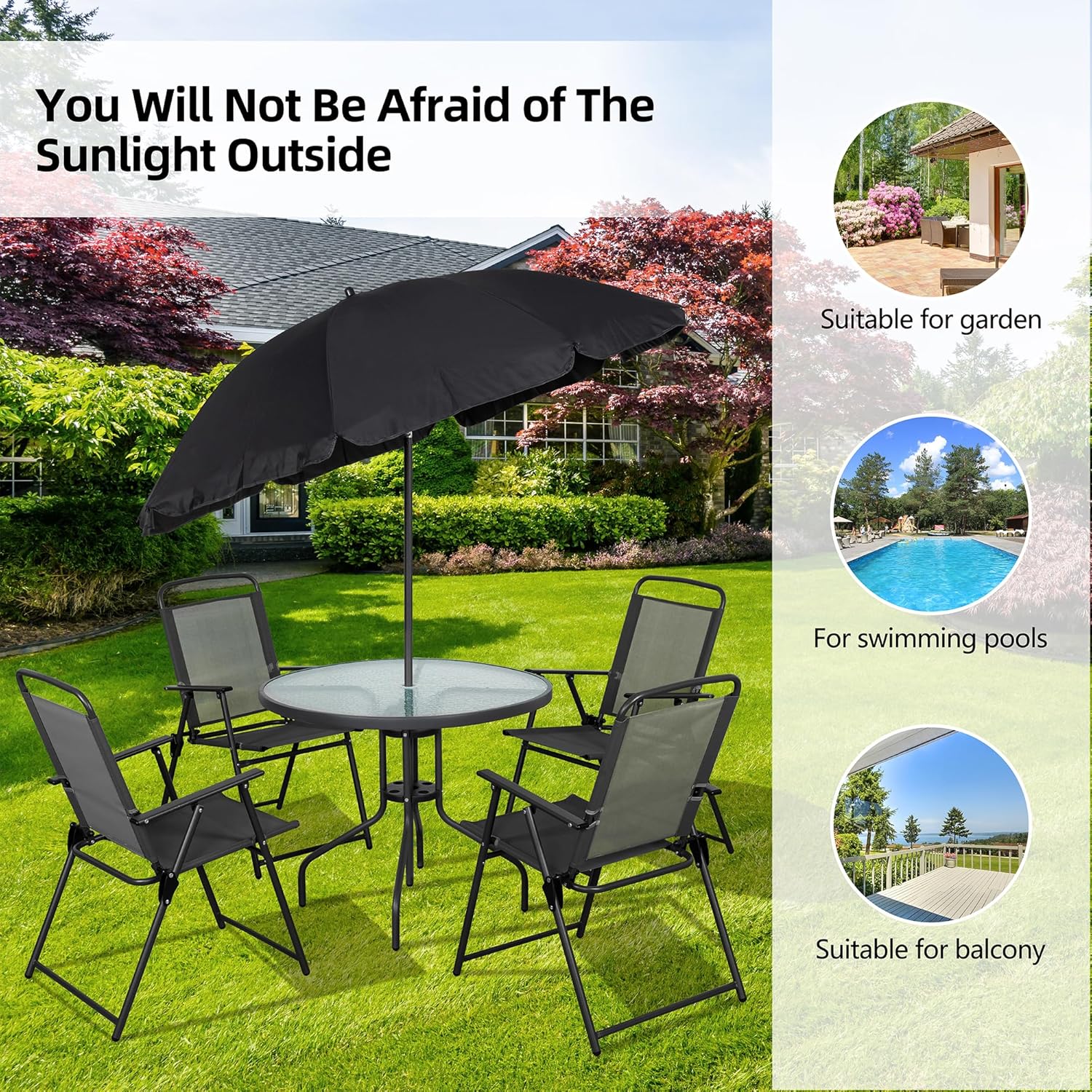 Vongrasig 6 Piece Folding Patio Dining Set,Small Metal Outdoor Garden Patio Table and Chair Set w/Umbrella for Lawn,Deck,Backyard,Black