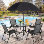 Vongrasig 6 Piece Folding Patio Dining Set,Small Metal Outdoor Garden Patio Table and Chair Set w/Umbrella for Lawn,Deck,Backyard,Black