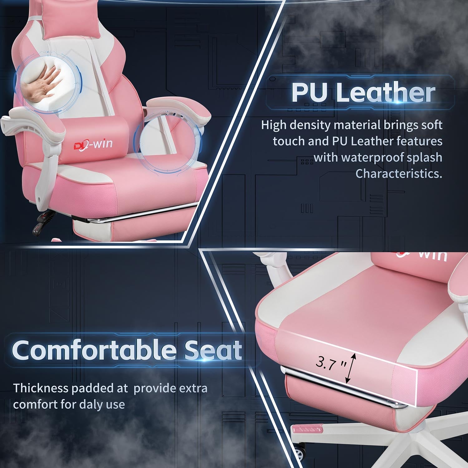 Gaming Chairs  Walsunny Gaming Chairs with Footrest, Massage Leather Game Chair for Adults Big and Tall Gamer Chair with Headrest and Lumbar Support with Ergonomic PU Leather   #color_pink
