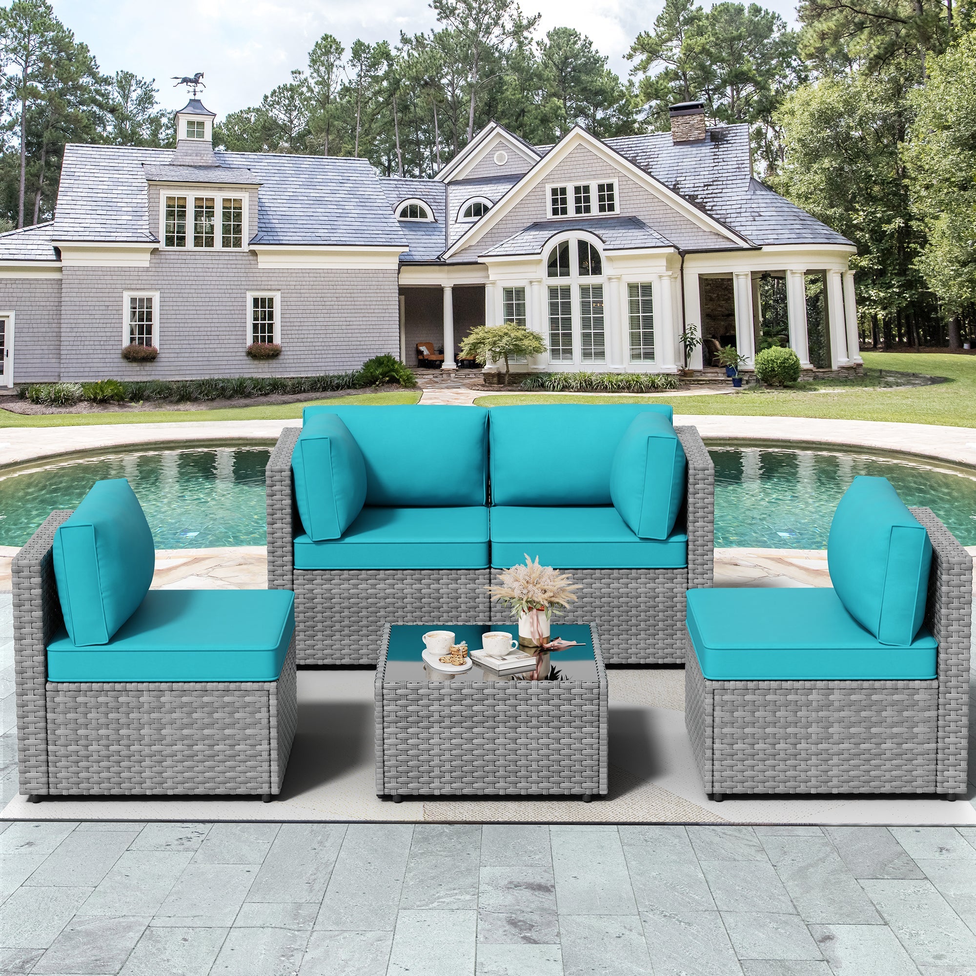Vongrasig Patio Furniture 5 Pieces Outdoor Sectional Sofas, Sliver Wicker