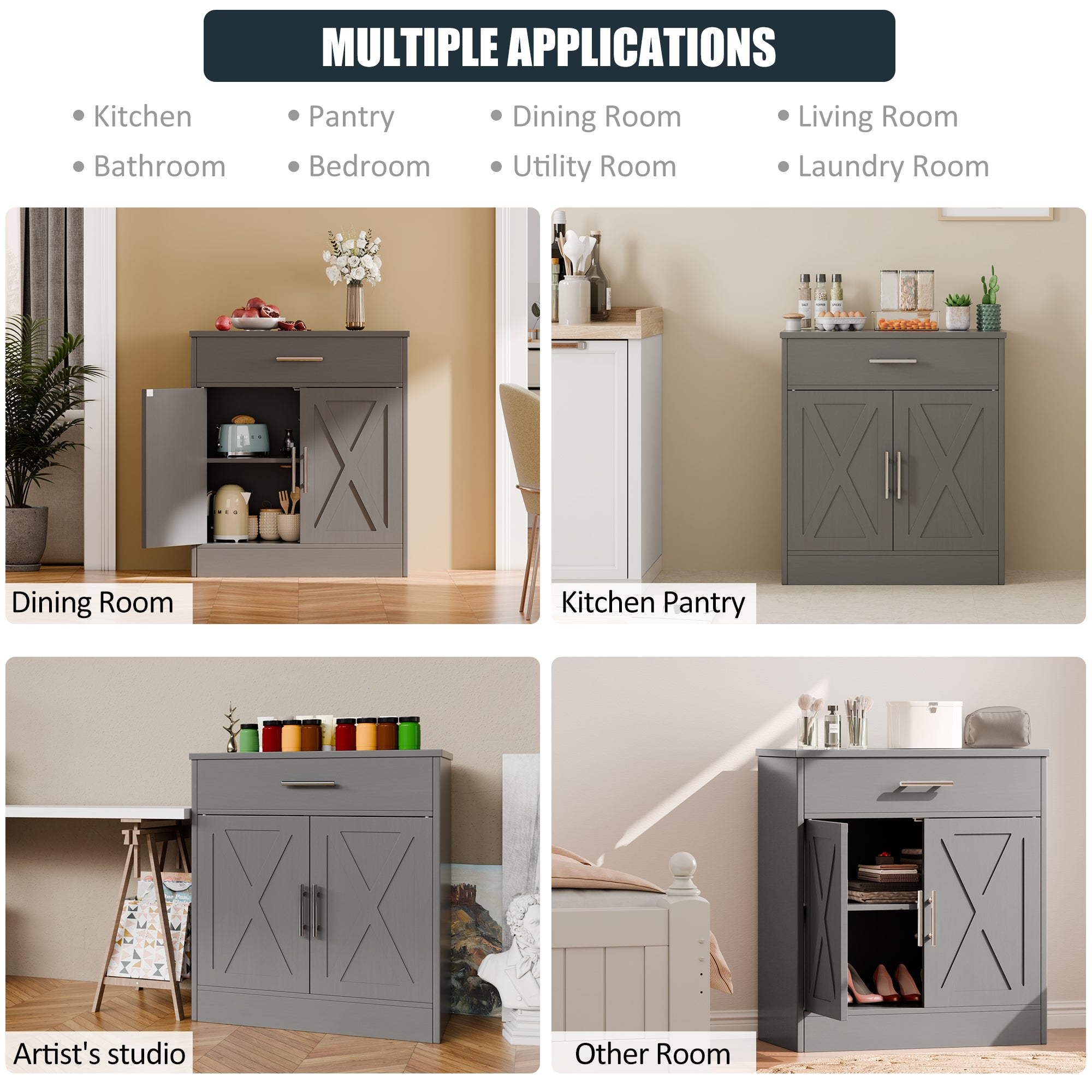 Walsunny Kitchen Buffet Sideboard Cabinet with Adjustable Shelf,Wooden Storage Cabinet with 2 Doors and 1 Drawers,Modern Farmhouse Coffee Bar Cabinet with Storage for Kitchen/Living Room,Grey (7610077905072)