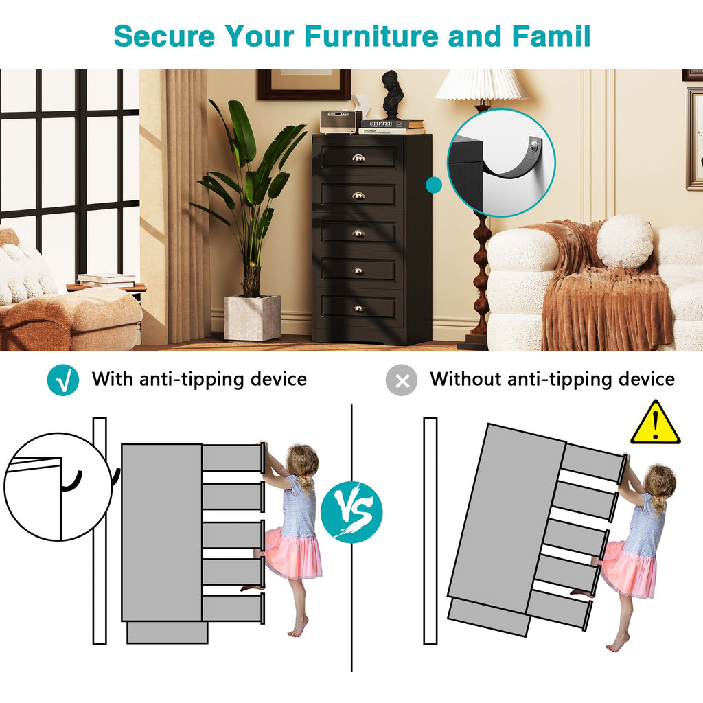 Walsunny 5 Drawer White Vertical Dresser Modern Storage Cabinet with Handle-Drawer Chest Wood Organizer for Living Room (7504209772720)