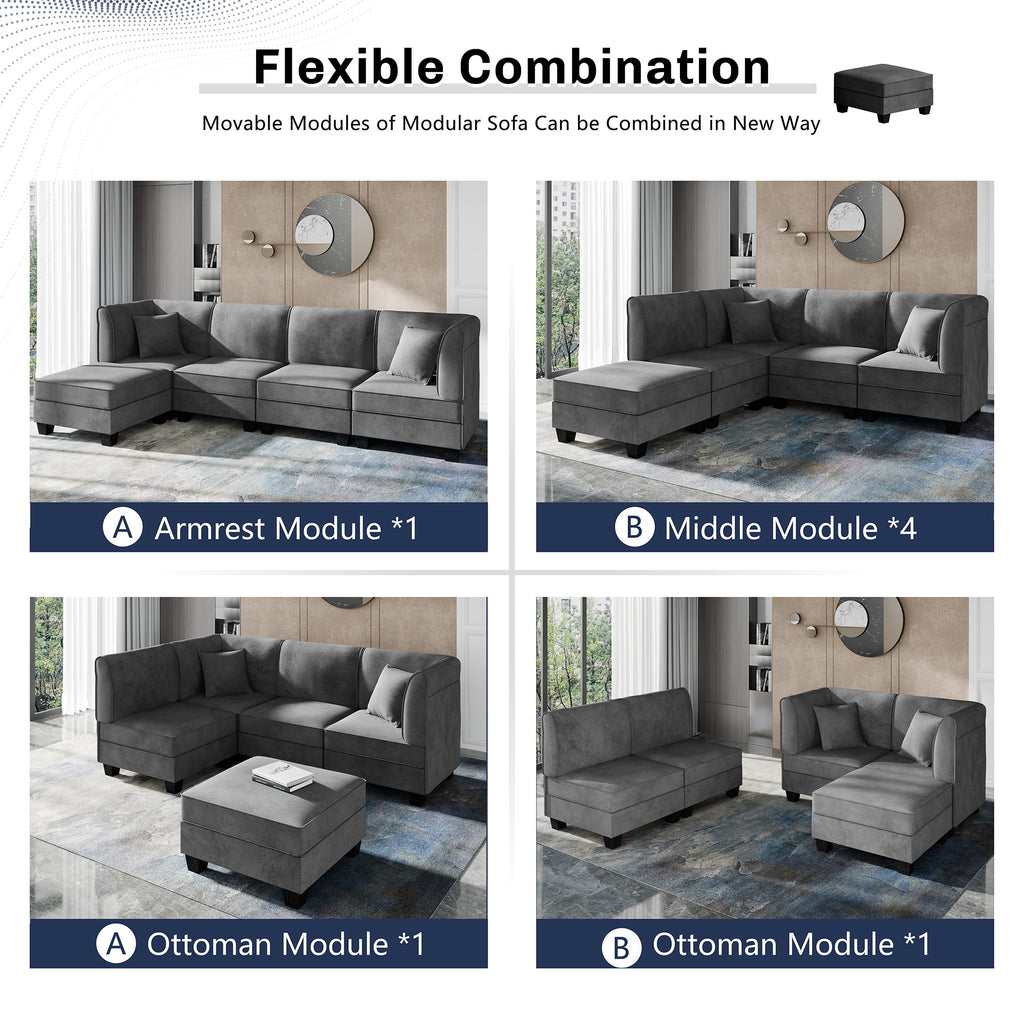 Walsunny Velvet 5 Pieces Modular Sectional Sofa L-Shaped Couch With Reversible Chaise (7223391125680)