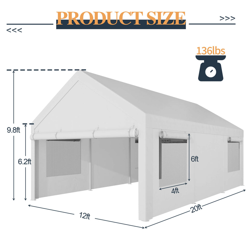 Vongrasig Carport, 12x20 ft Heavy Duty Carport Canopy with Roll-up Windows