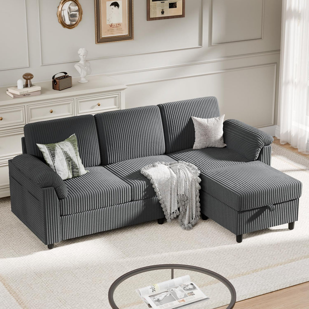 Walsunny 3 Seat L-Shaped Sectional Sofa With Movable Ottoman#color_dark-grey