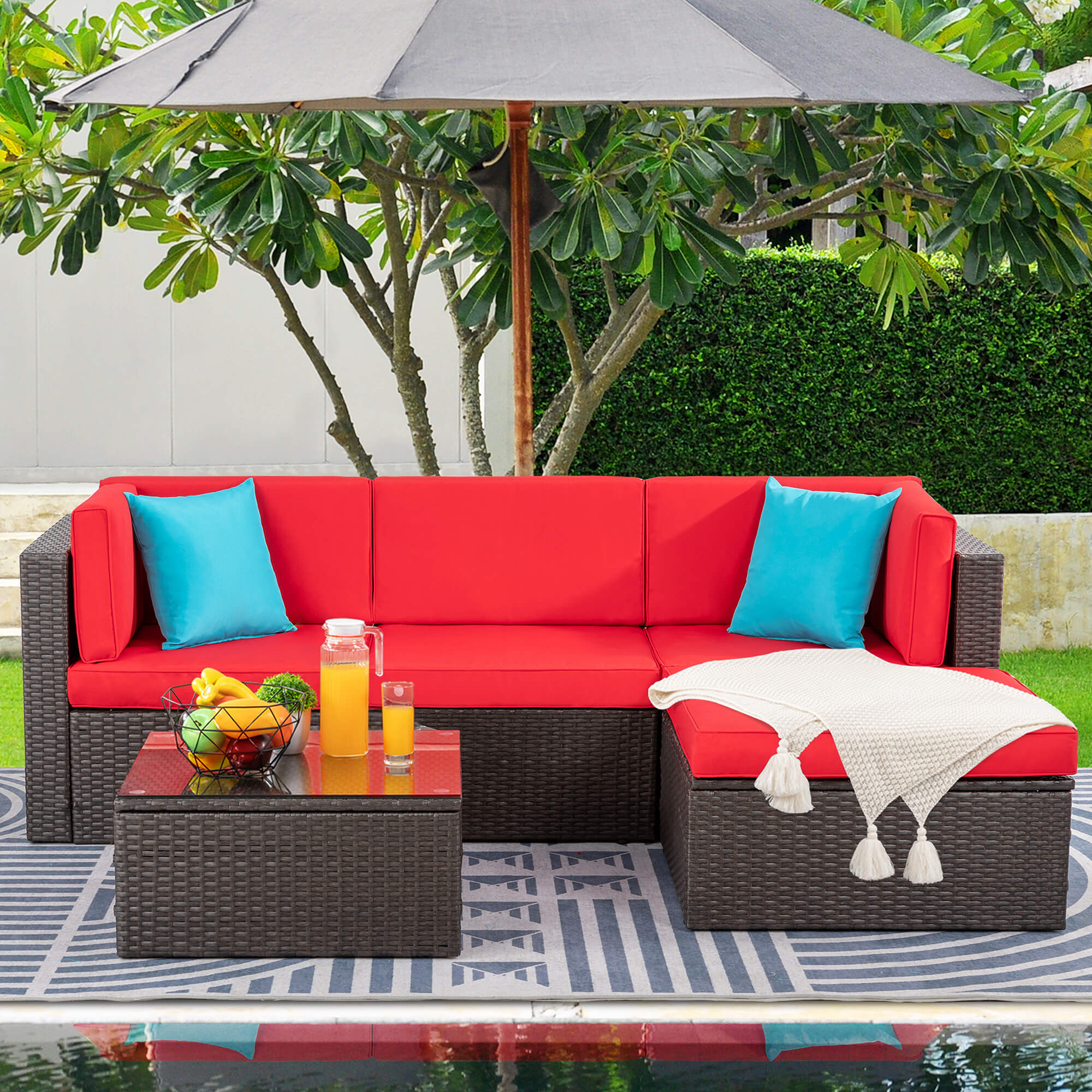 Walsunny Patio Furniture 5 Pieces PE Wicker Outdoor Sectional Sofa Set With Ottoman