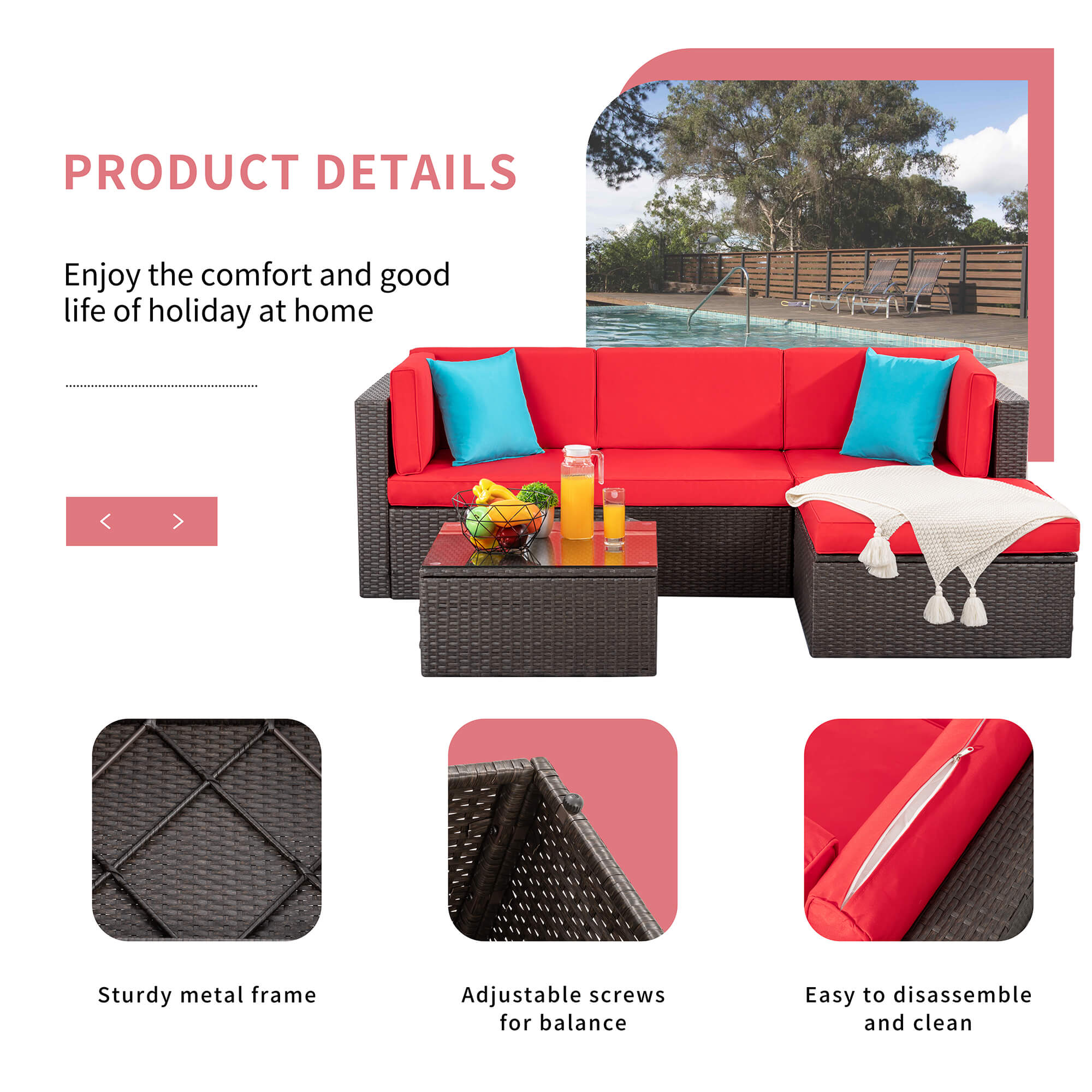 Walsunny Patio Furniture 5 Pieces PE Wicker Outdoor Sectional Sofa Set With Ottoman