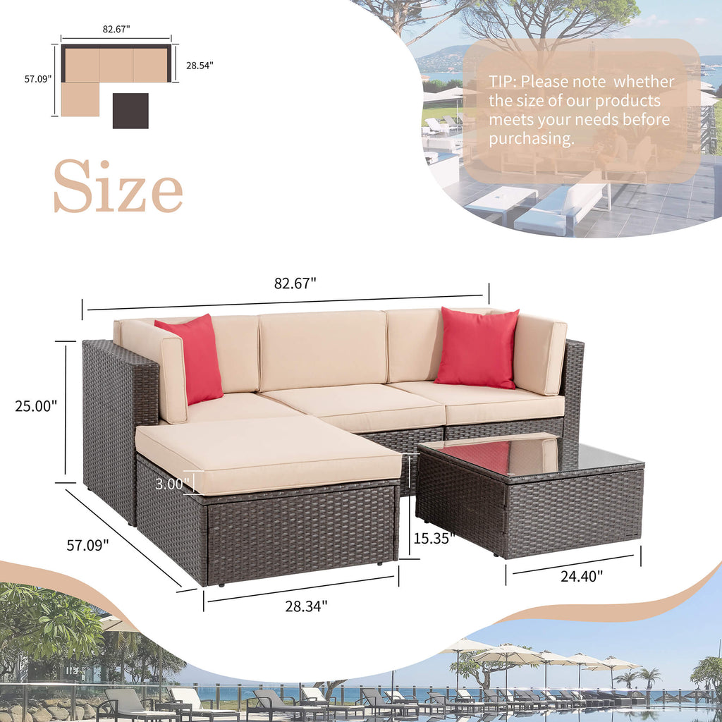 Walsunny Patio Furniture 5 Pieces PE Wicker Outdoor Sectional Sofa Set With Ottoman