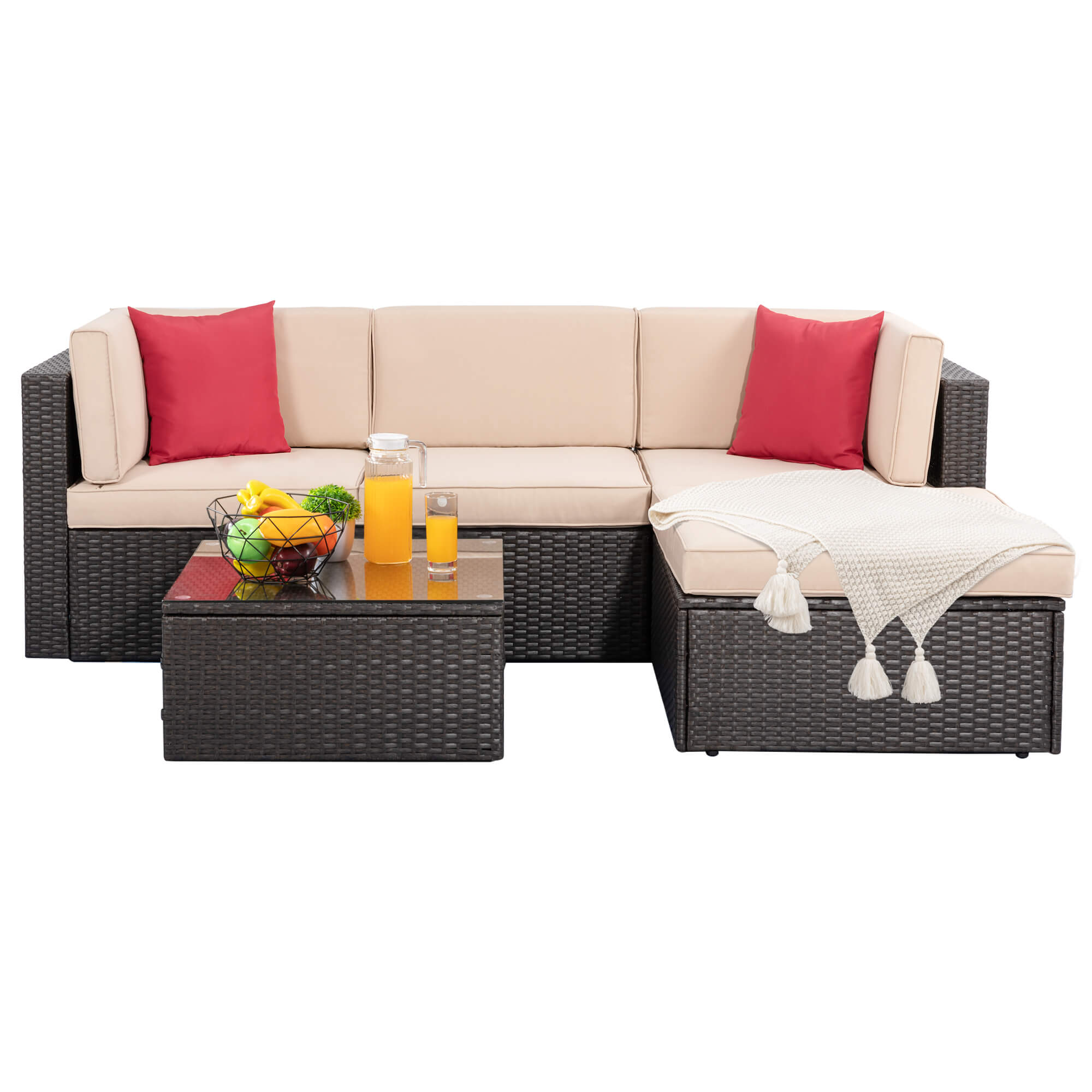 Walsunny Patio Furniture 5 Pieces PE Wicker Outdoor Sectional Sofa Set With Ottoman