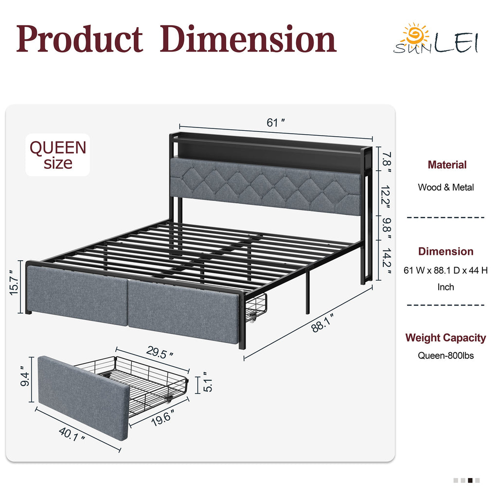 Walsunny Bed Frame with Led Light and 2 Drawers Metal Platform Bed with Button Tufted Headboard Strong Metal Slats (7504175136944)
