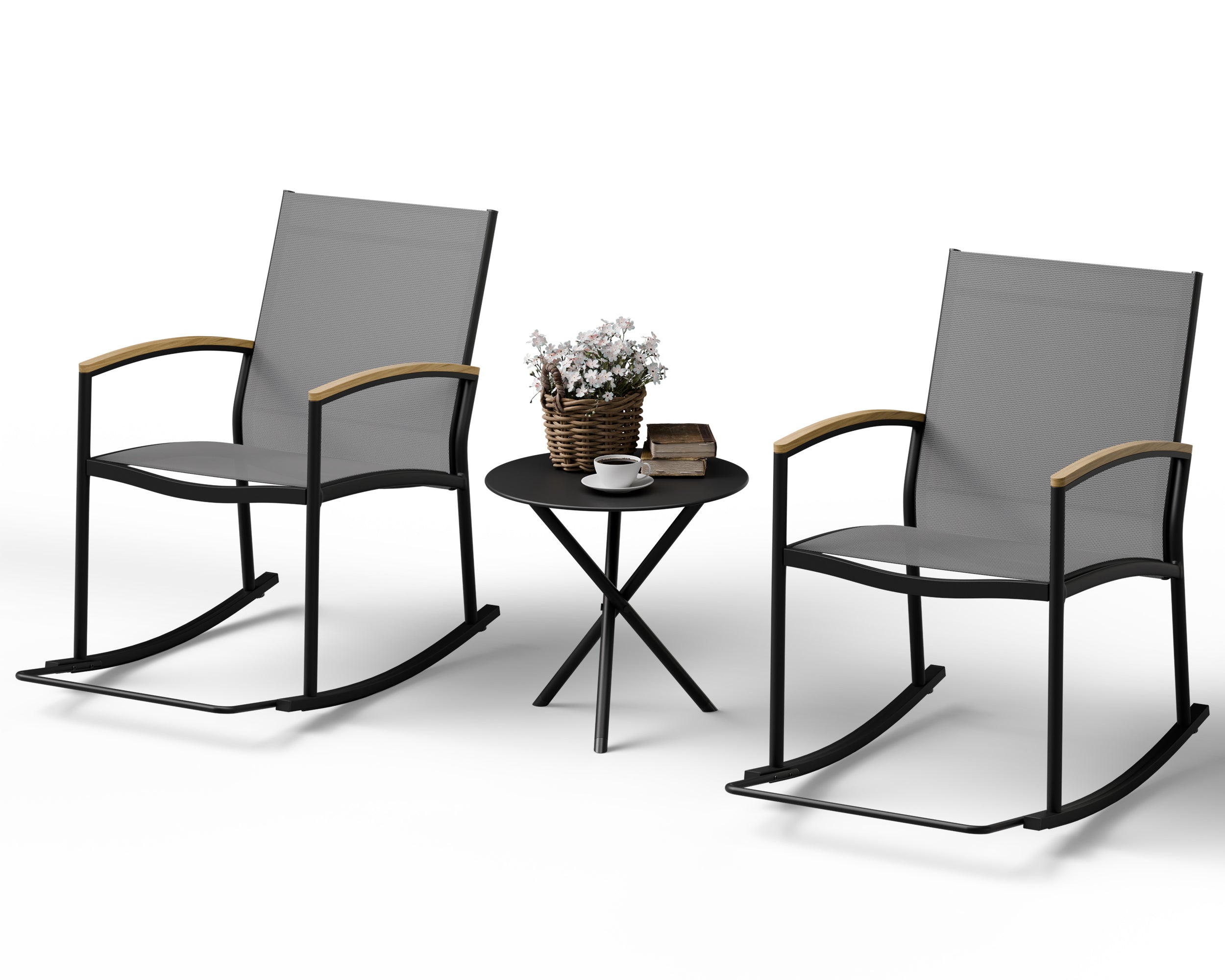 Walsunny 3 Pieces Patio Set Outdoor Patio Furniture Sets Modern Rocking Bistro Set Textilene Chair Conversation Sets Black (7609554796720)
