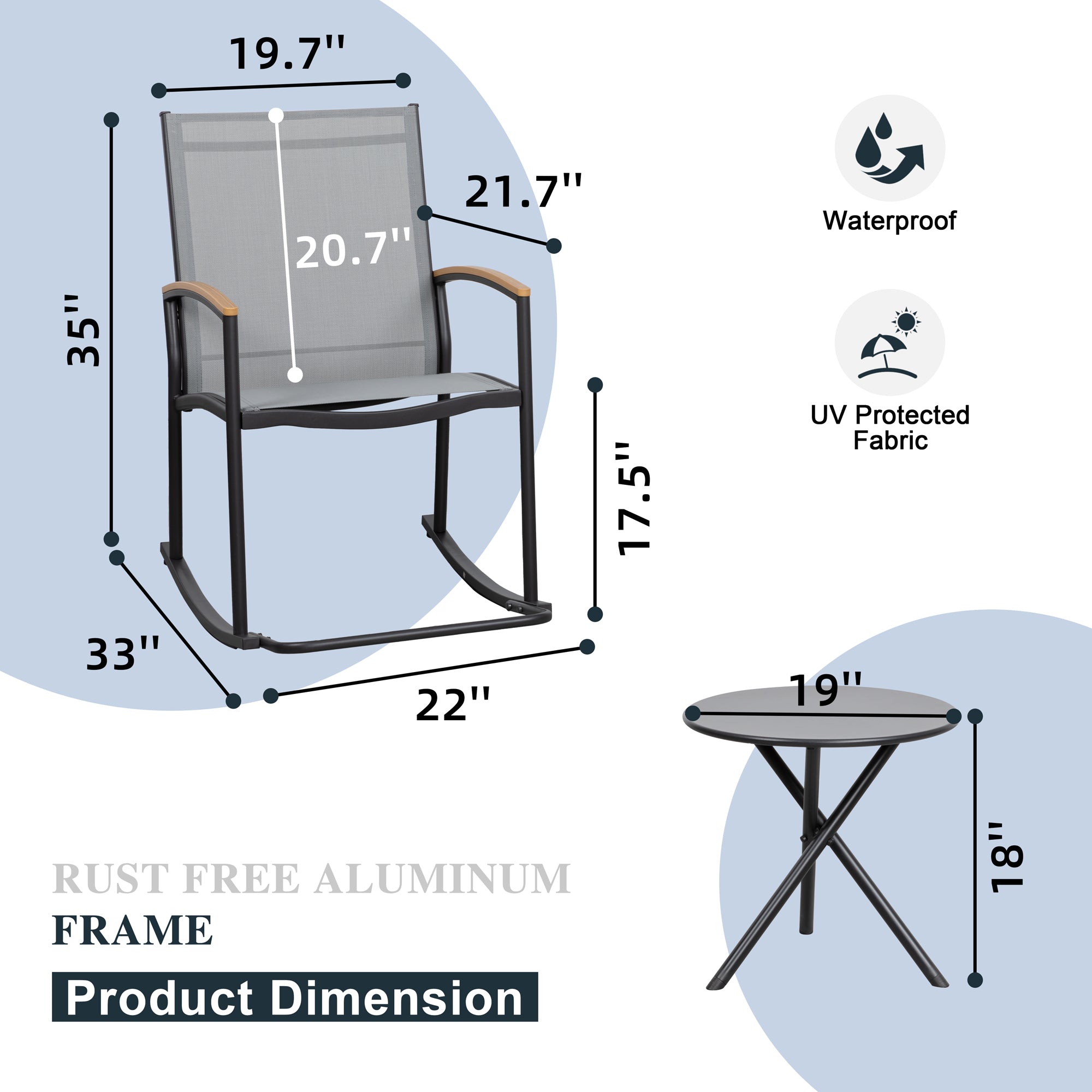 Walsunny 3 Pieces Patio Set Outdoor Patio Furniture Sets Modern Rocking Bistro Set Textilene Chair Conversation Sets Black (7609554796720)