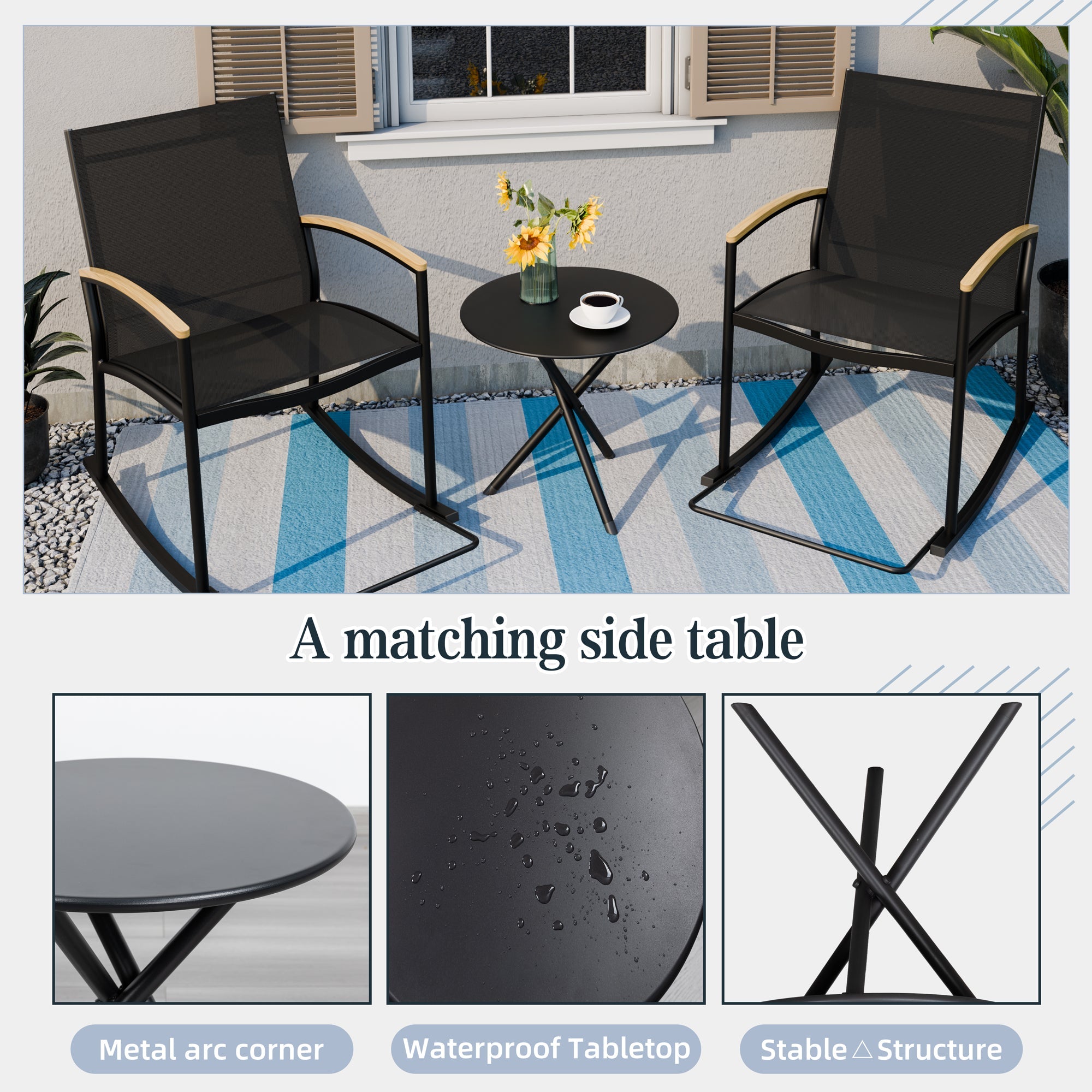 Walsunny 3 Pieces Patio Set Outdoor Patio Furniture Sets Modern Rocking Bistro Set Textilene Chair Conversation Sets Black (7609554796720)