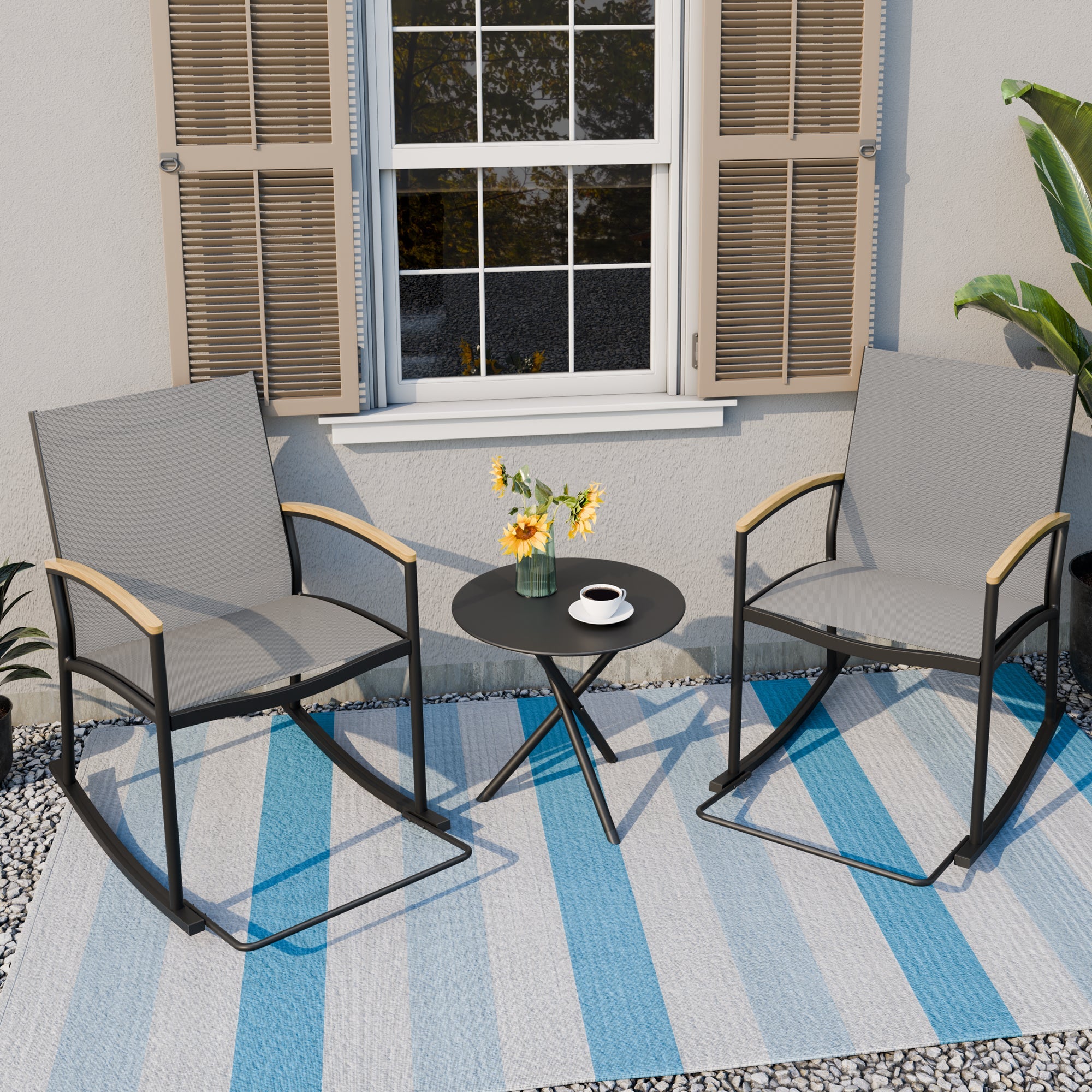 Walsunny 3 Pieces Patio Set Outdoor Patio Furniture Sets Modern Rocking Bistro Set Textilene Chair Conversation Sets Black (7609554796720)