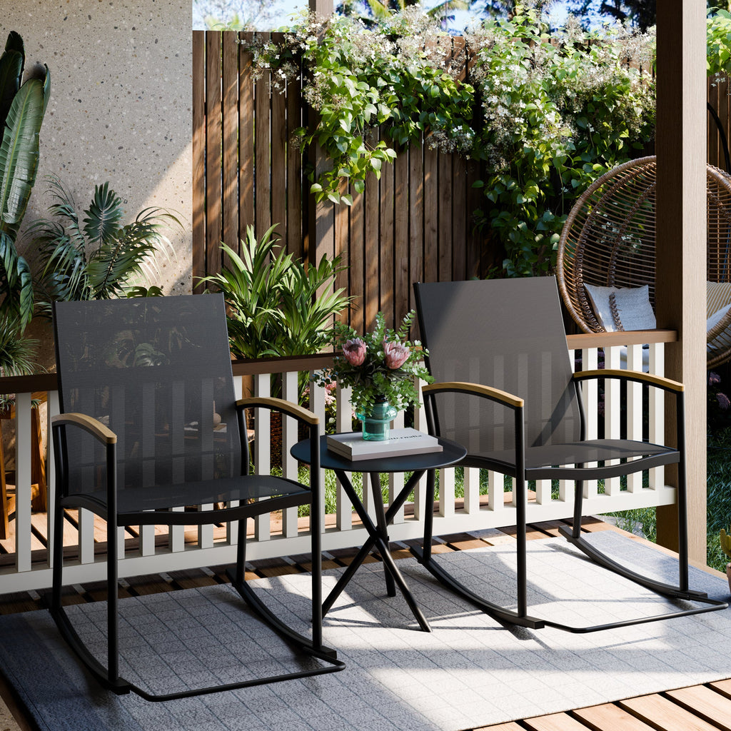 Walsunny 3 Pieces Patio Set Outdoor Patio Furniture Sets Modern Rocking Bistro Set Textilene Chair Conversation Sets Black (7609554796720)