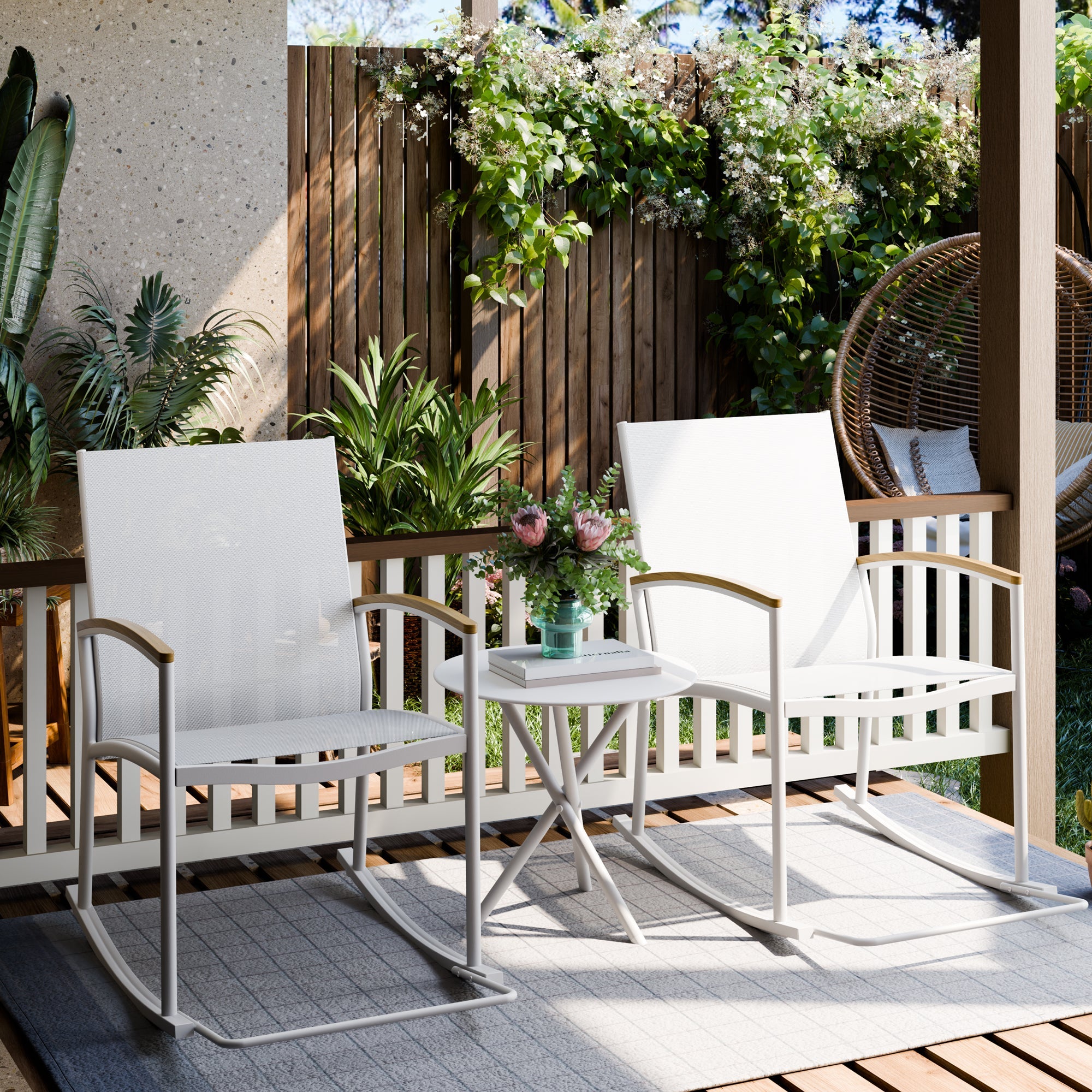 Walsunny 3 Pieces Patio Set Outdoor Patio Furniture Sets Modern Rocking Bistro Set Textilene Chair Conversation Sets Black (7609554796720)