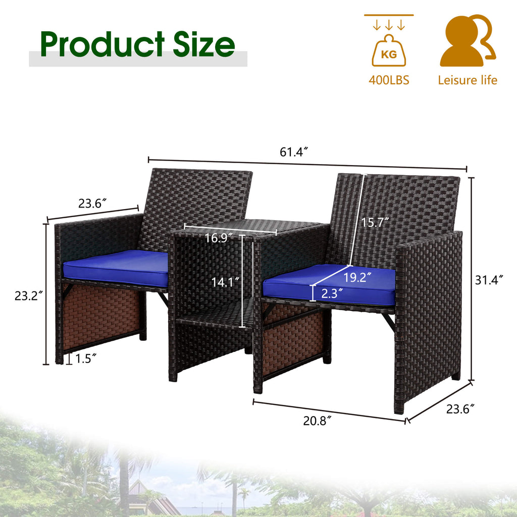 Vongrasig Patio Rattan Conversation Set Seat Sofa Cushioned Loveseat Table Chairs Dark Blue