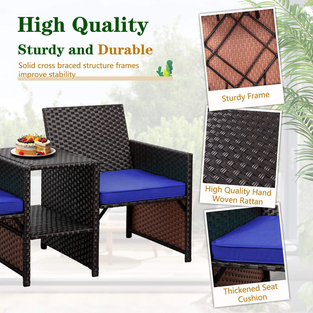 Vongrasig Patio Rattan Conversation Set Seat Sofa Cushioned Loveseat Table Chairs Dark Blue