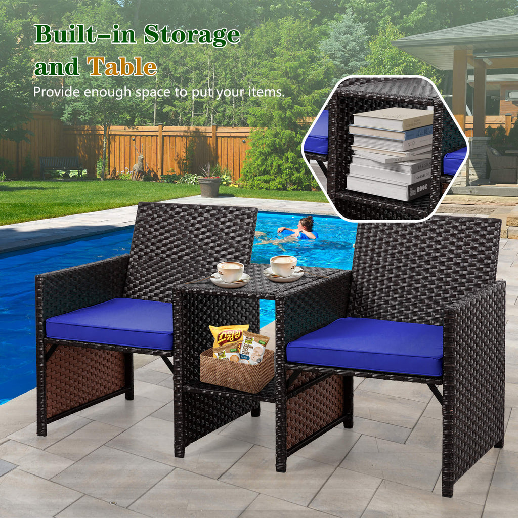 Vongrasig Patio Rattan Conversation Set Seat Sofa Cushioned Loveseat Table Chairs Dark Blue