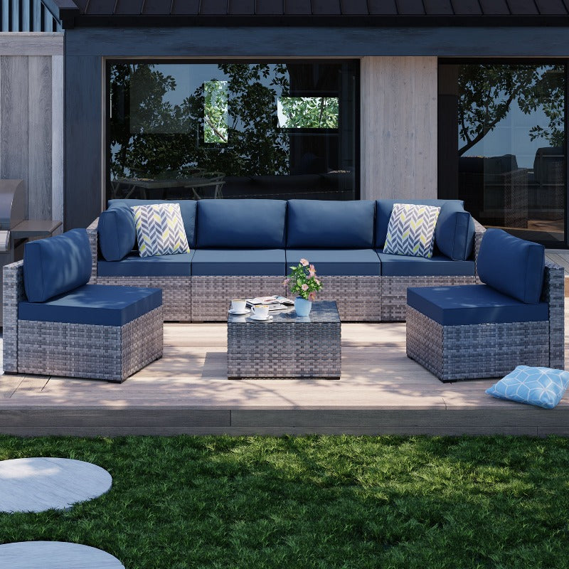 Walsunny Patio Furniture 7 Pieces Outdoor Sectional Sofa Set, Silver Wicker#color_aegean-blue