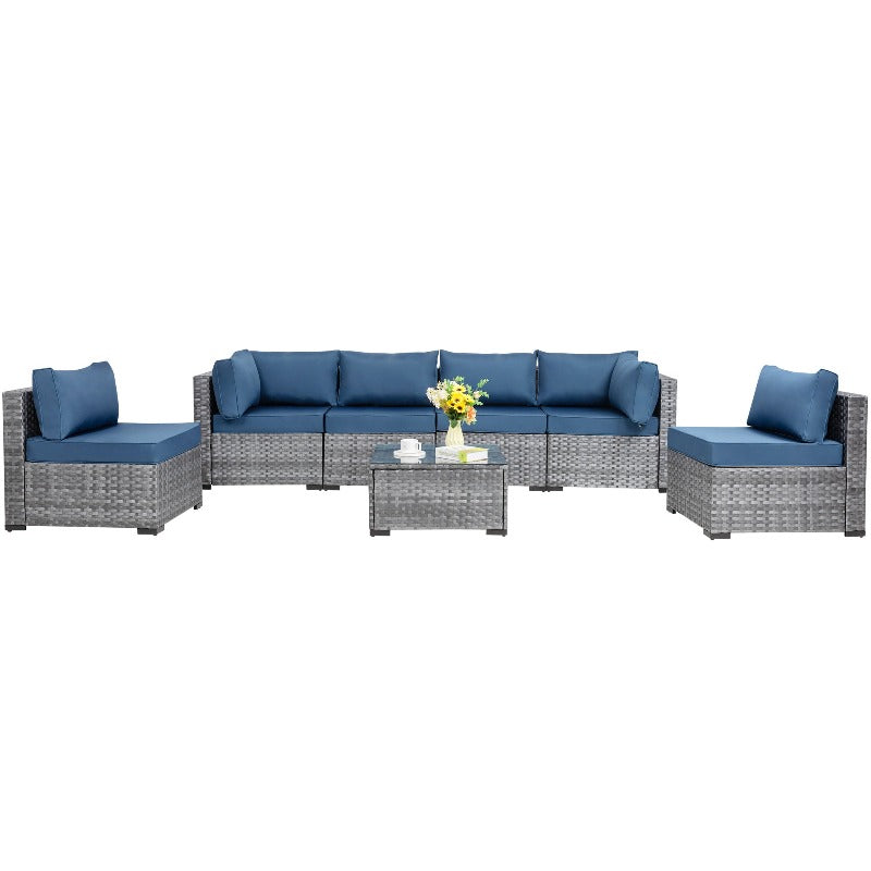 Walsunny Patio Furniture 7 Pieces Outdoor Sectional Sofa Set, Silver Wicker#color_aegean-blue
