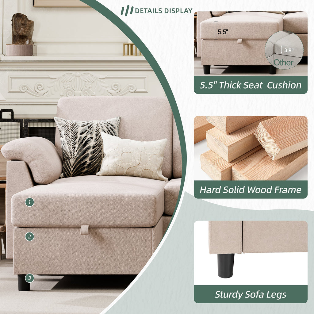Walsunny 3 Seat L-Shaped Sectional Sofa With Movable Ottoman#color_khaki