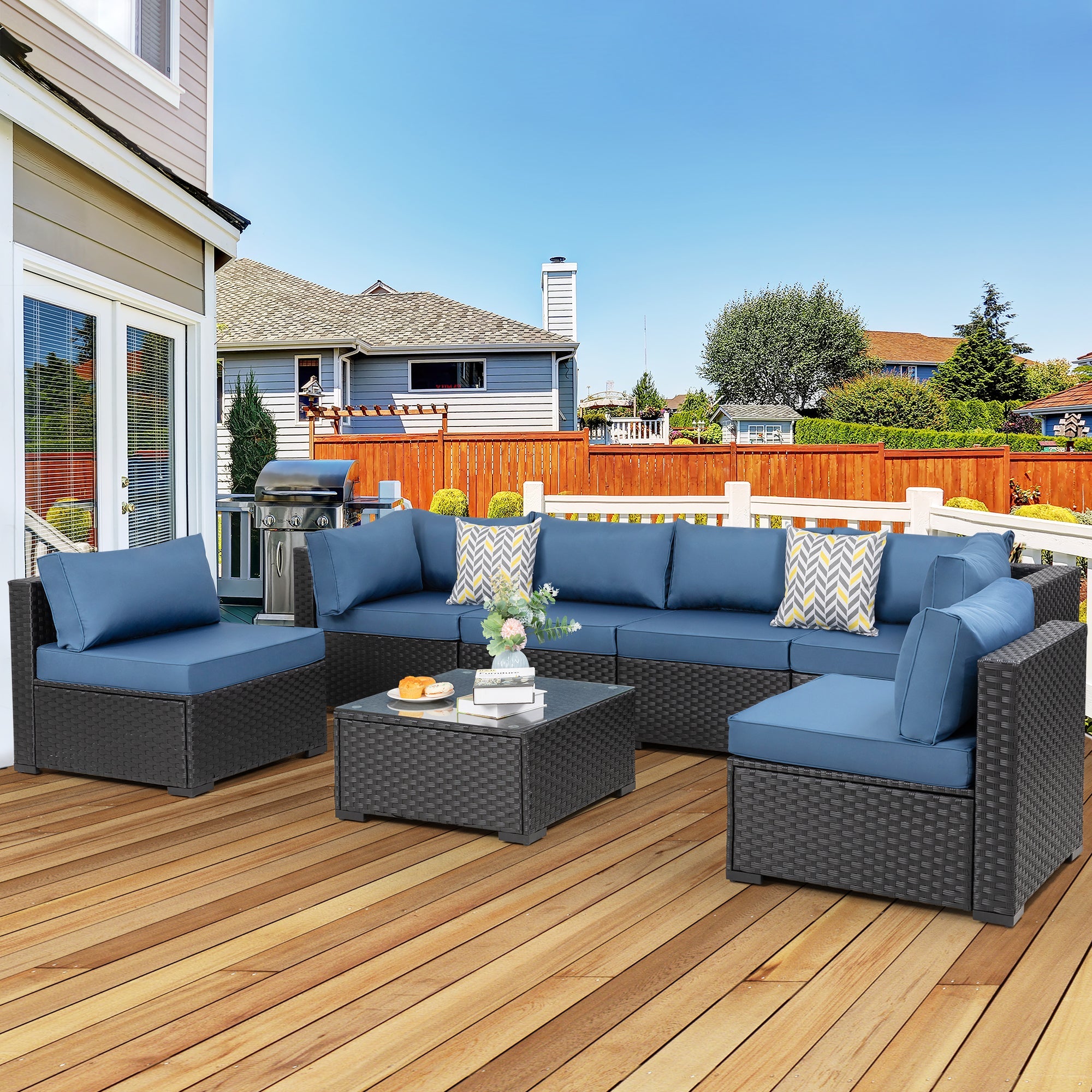 Walsunny Patio Furniture 7 Pieces Outdoor Sectional Sofa Set, Black Wicker