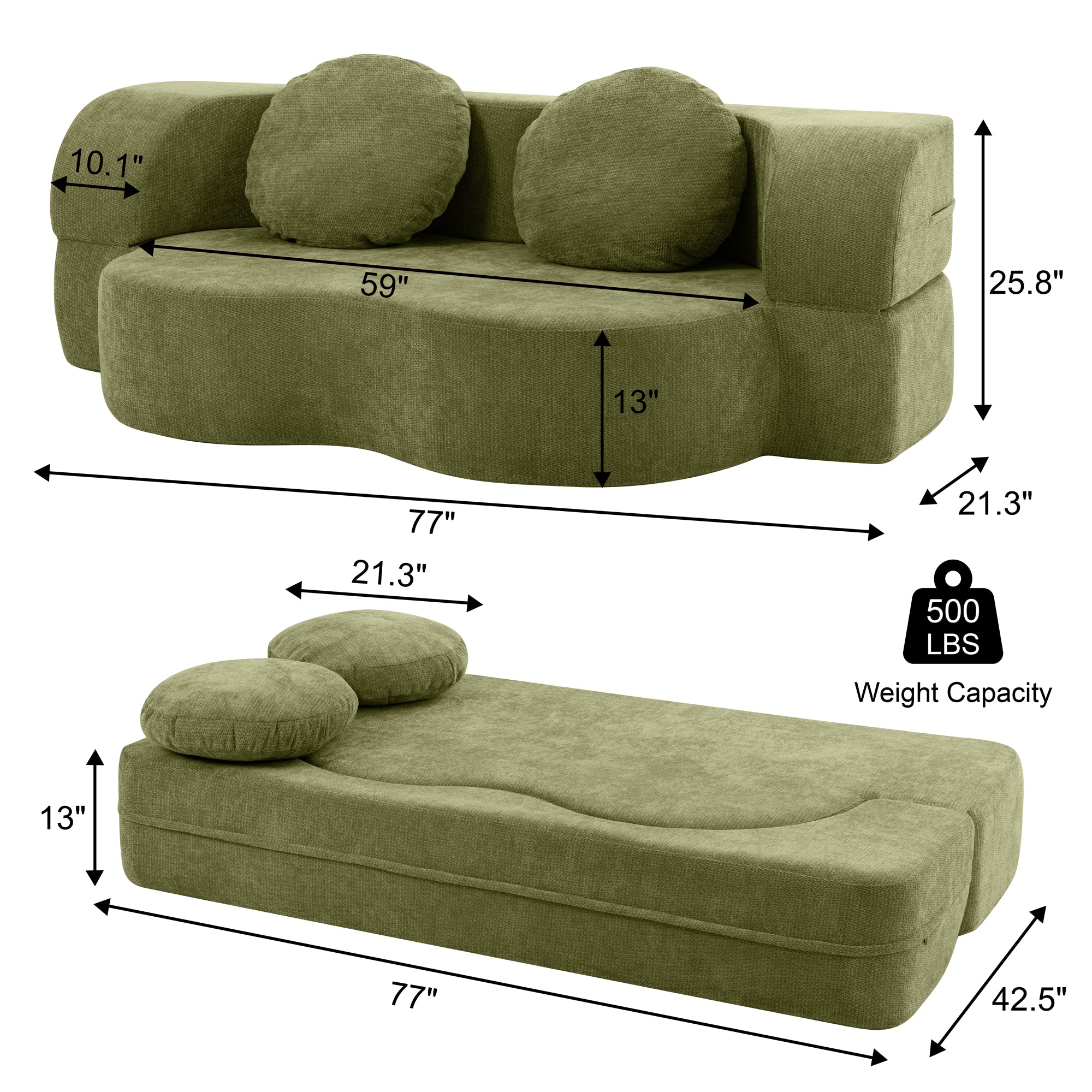 Vongrasig 77” Convertible Sofa Bed, Folding Boneless Couch, Floor Sofa 2-in-1 Curved Couch for Small Living Room, Apartment, Guest Room,