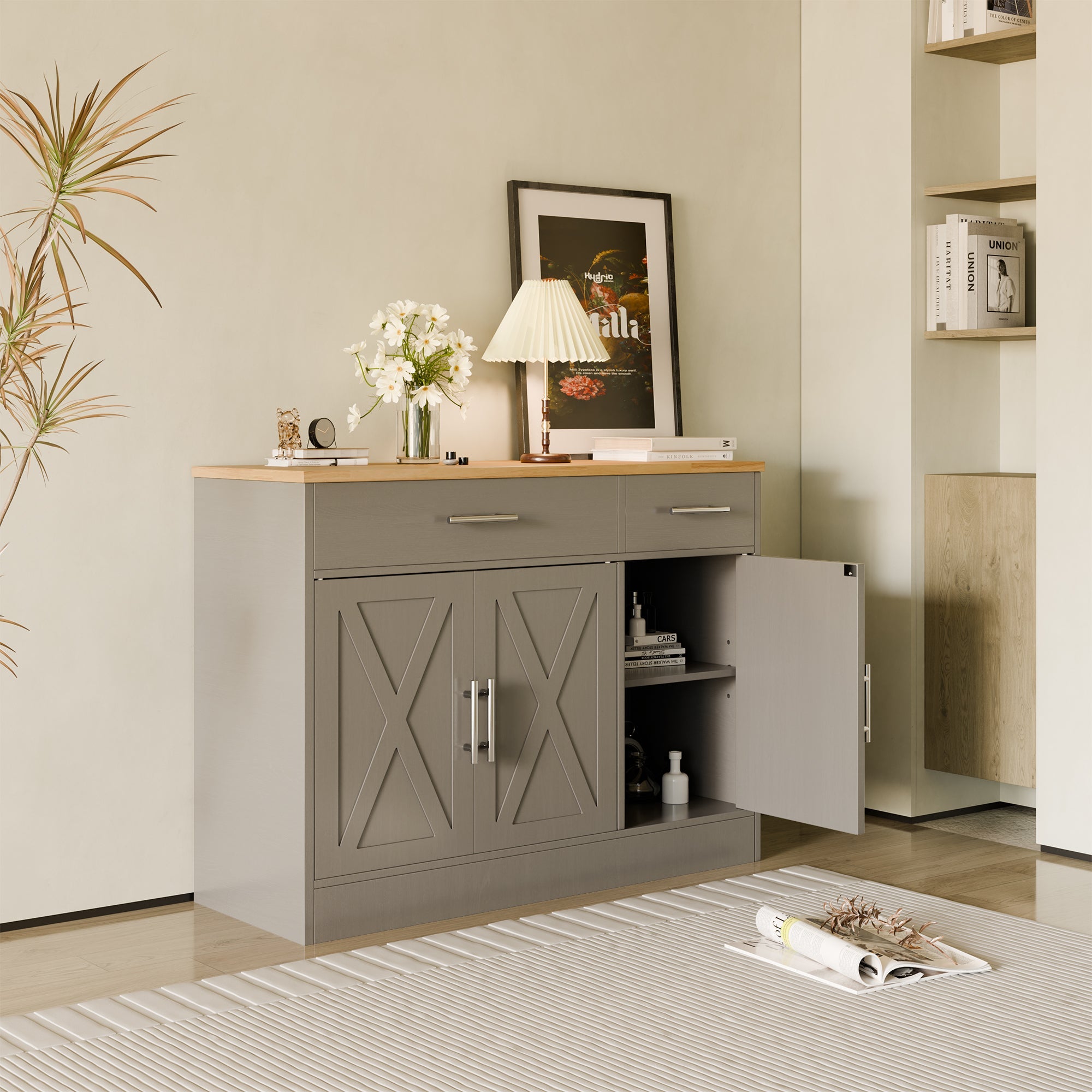 Walsunny Kitchen Buffet Sideboard Cabinet with Adjustable Shelf,Wooden Storage Cabinet with 3 Doors and 2 Drawers,Modern Farmhouse Coffee Bar Cabinet with Storage for Kitchen/Living Room (7612679061680)