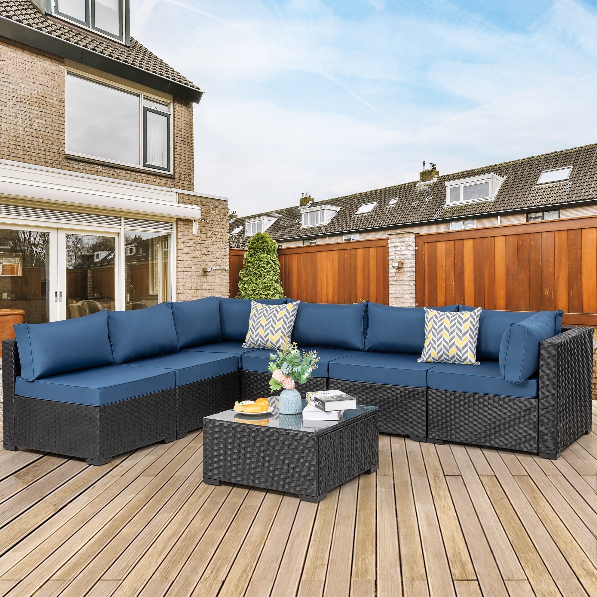 Walsunny Patio Furniture 7 Pieces Outdoor Sectional Sofa Set, Black Wicker